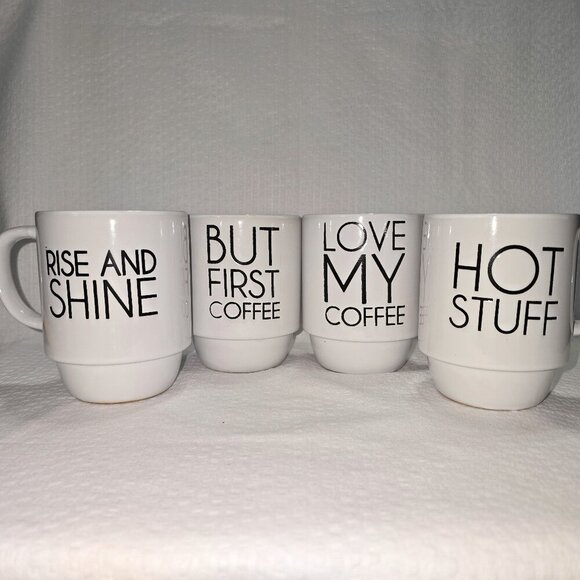 BOSTON WAREHOUSE SET OF 4 COFFEE MUGS WHIMSICAL SAYINGS EUC WHITE BLACK - Picture 1 of 9